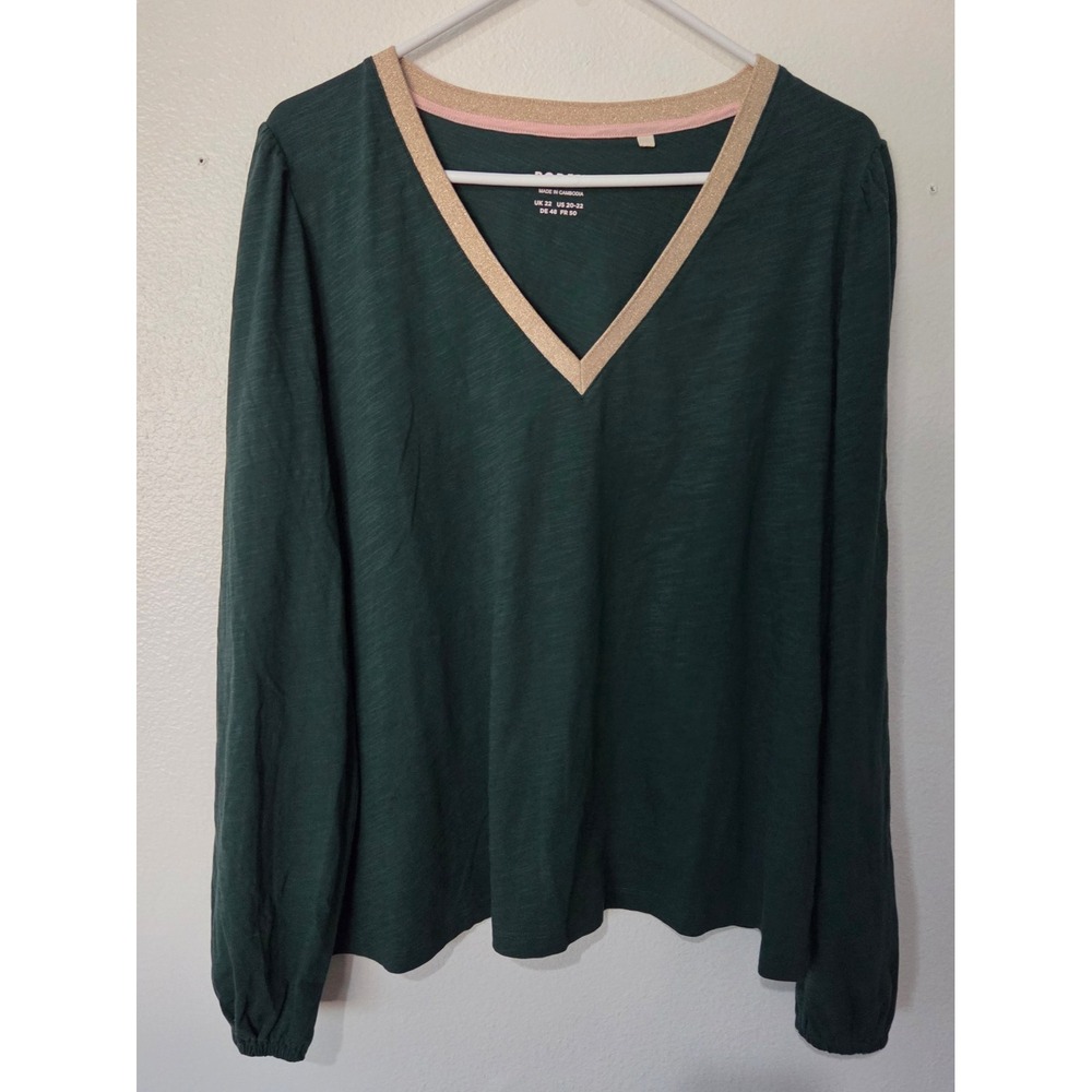 Boden Womens Green Metallic Gold Trim Long Sleeve V-Neck Shirt 100% Cotton 20-22